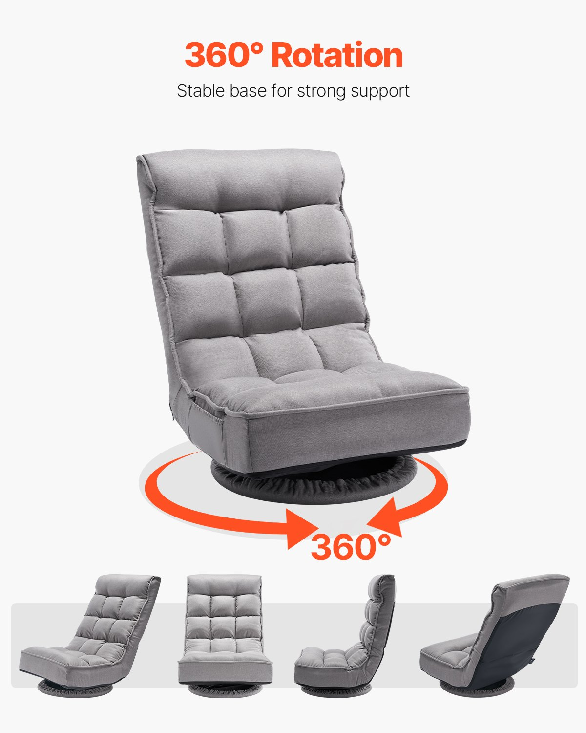 VEVOR Swivel Floor Gaming Chair, 360-Degree Rotating Floor Chair with 4 Adjustable Position Folding Backrest and Lumbar Support, Folding Video Reclining Sofa for Watching TV Reading Playing Game, Gray by Platinum-Level Office Chairs