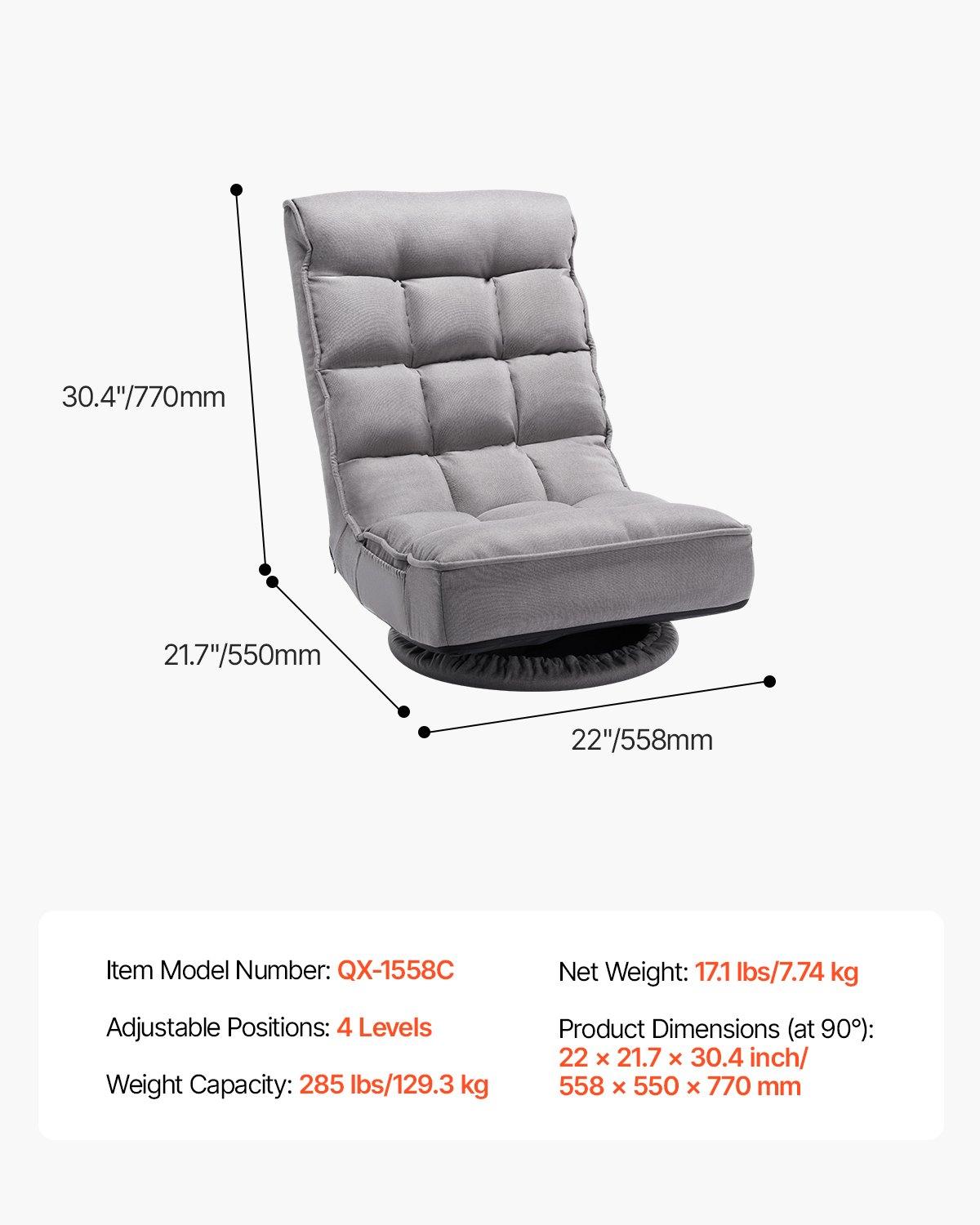 VEVOR Swivel Floor Gaming Chair, 360-Degree Rotating Floor Chair with 4 Adjustable Position Folding Backrest and Lumbar Support, Folding Video Reclining Sofa for Watching TV Reading Playing Game, Gray by Platinum-Level Office Chairs