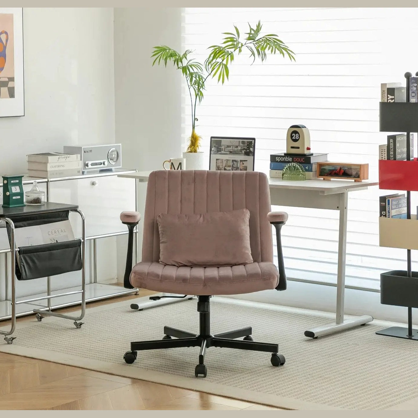 Dark Pink Velvet Criss Cross Armchair With Wheels For Home Office by Platinum-Level Office Chairs