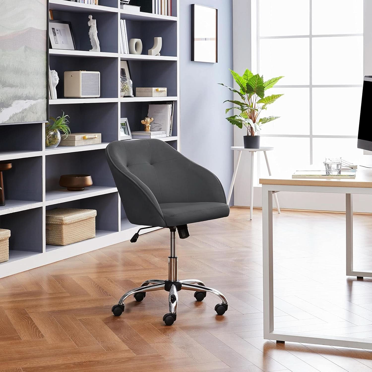Grey Velvet Office Chair with Armrests and Large Seat - Platinum-Level Office Chairs
