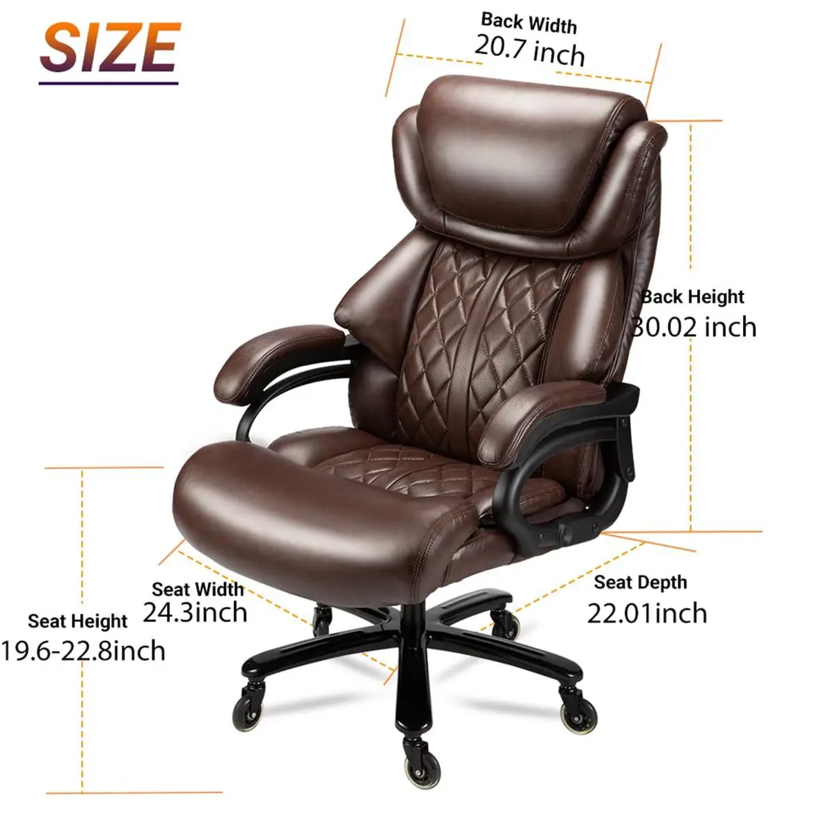 Big and tall brown leather executive office chair with diamond-stitched back, wide seat, heavy-duty 360° swivel