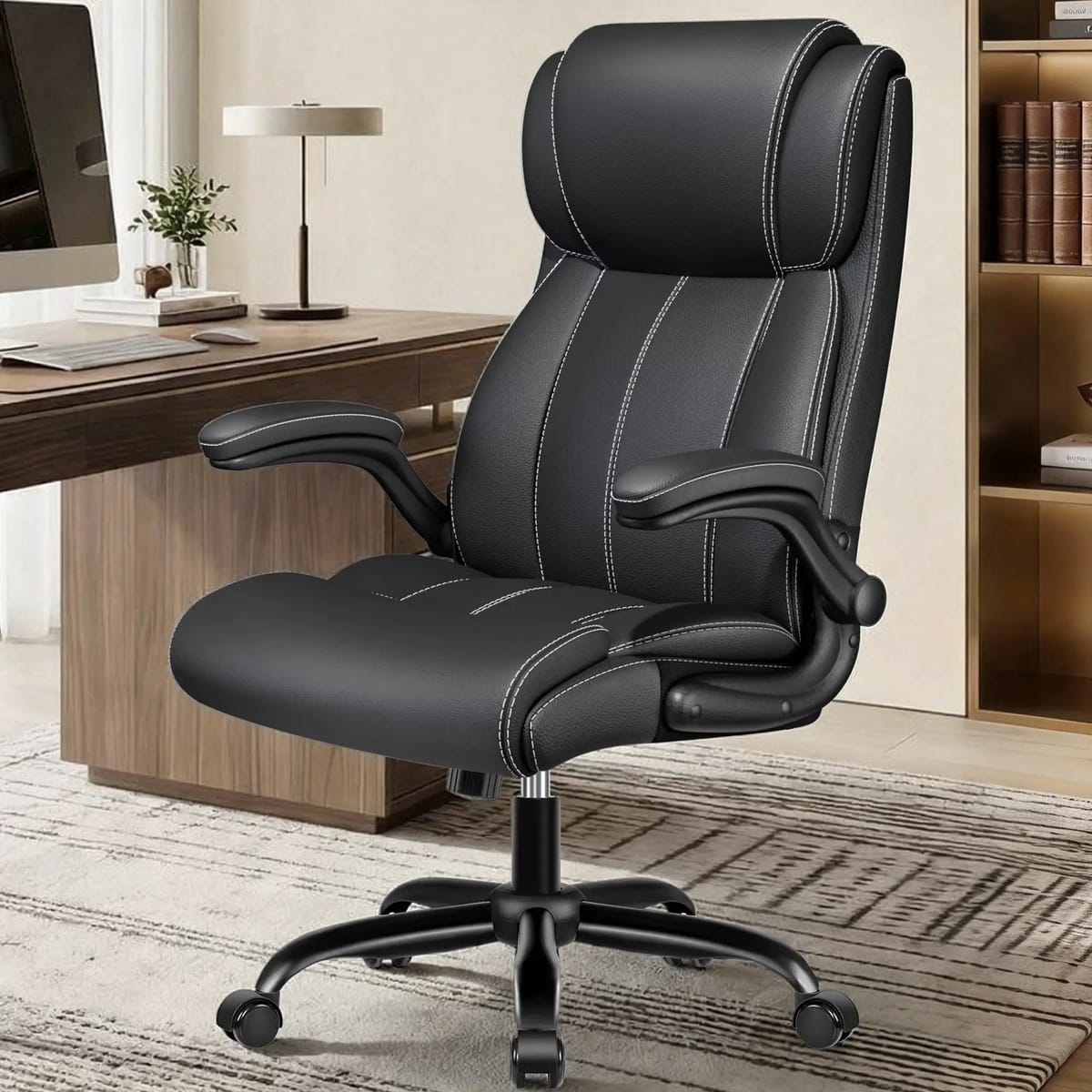 Coolhut big and tall office chair with padded flip-up arms, adjustable lumbar support, high back, and light gray upholstery.