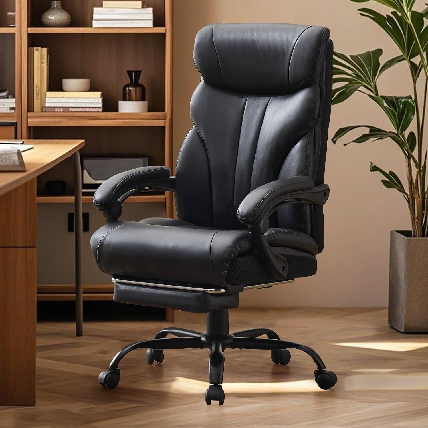 Big and Tall Office Chairs with Foot Rest,500Lbs Wide Ergonomic Gaming Chair,90-155°Recline Executive Leather Computer Chairs with Adjustable Height,Brown