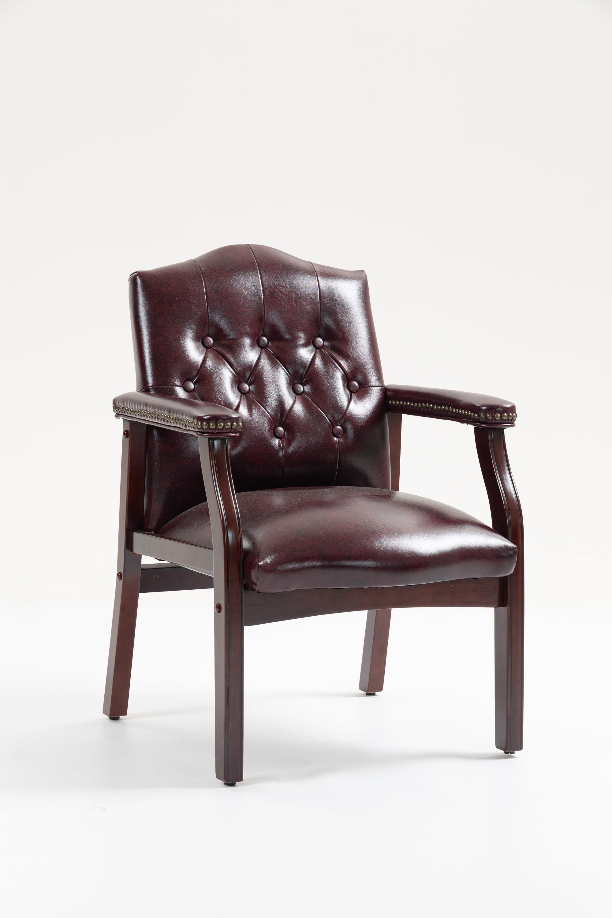 Burgundy Leather Reception Guest Chair, Mahogany Wood Legs - Platinum-Level Office Chairs