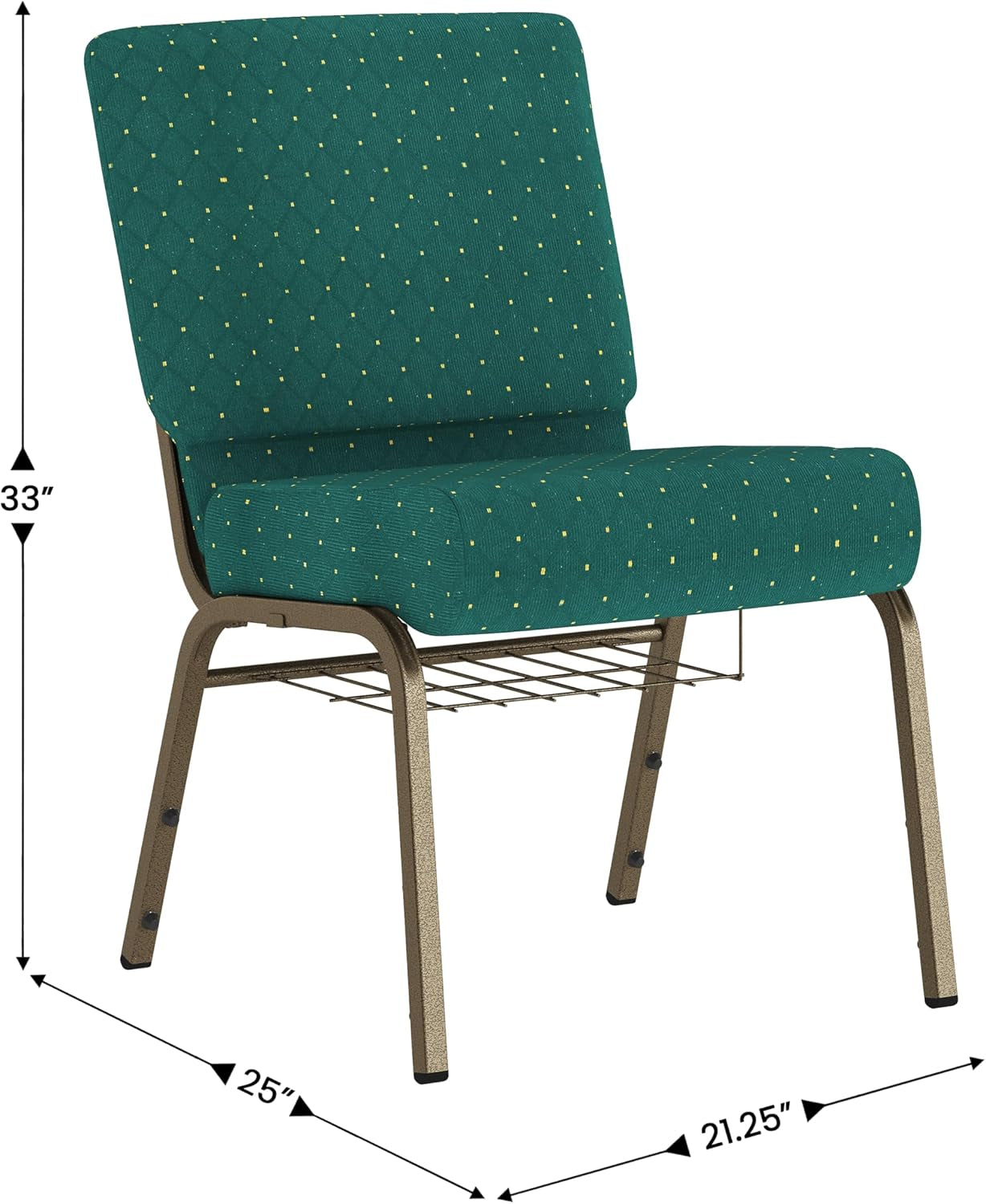 Flash Furniture 4 Pack HERCULES Series 21''W Church Chair in Hunter Green Dot Patterned Fabric with Book Rack - Gold Vein Frame