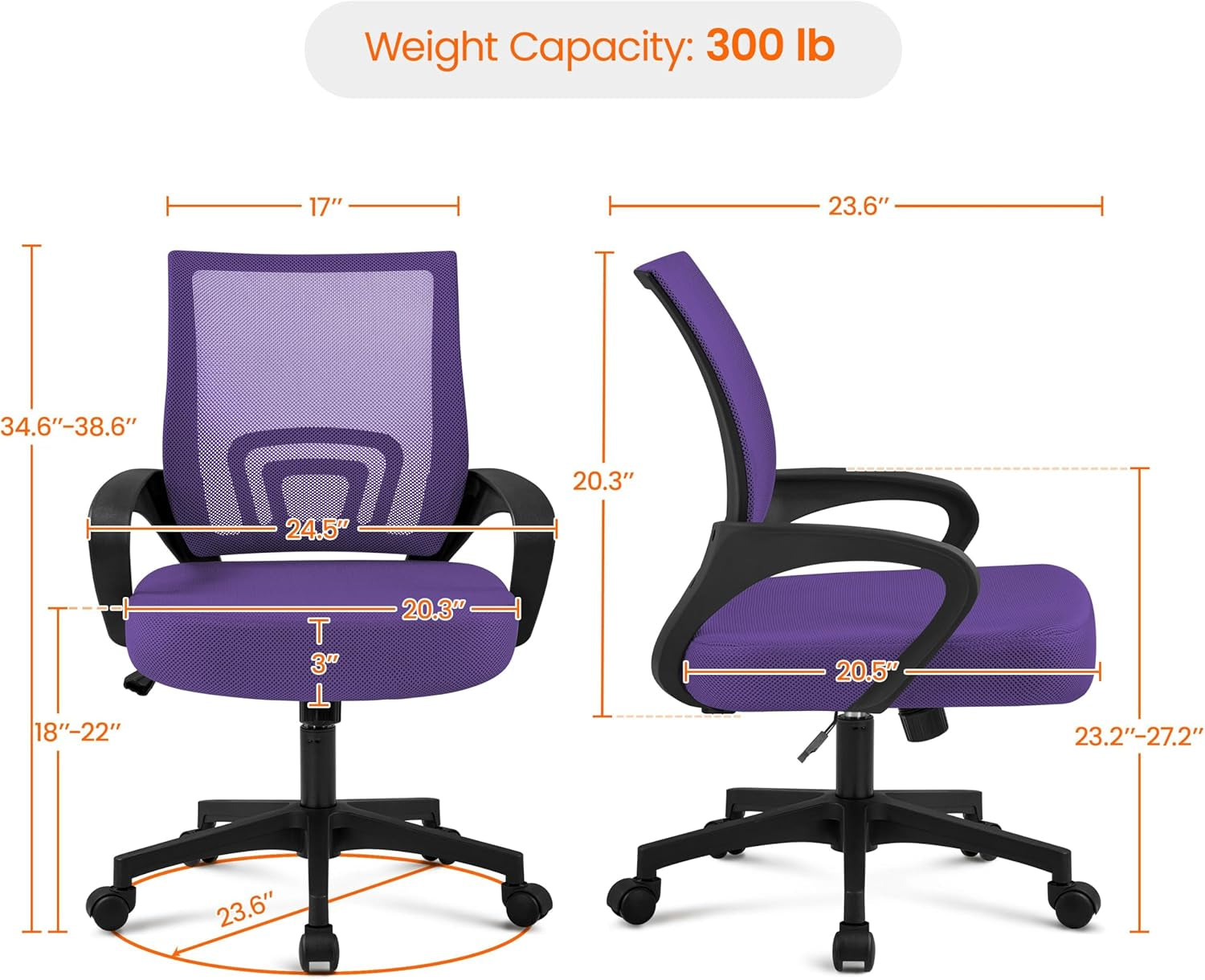 Yaheetech Mid Back Mesh Computer Office Desk Chair Adjustable Swivel, Purple