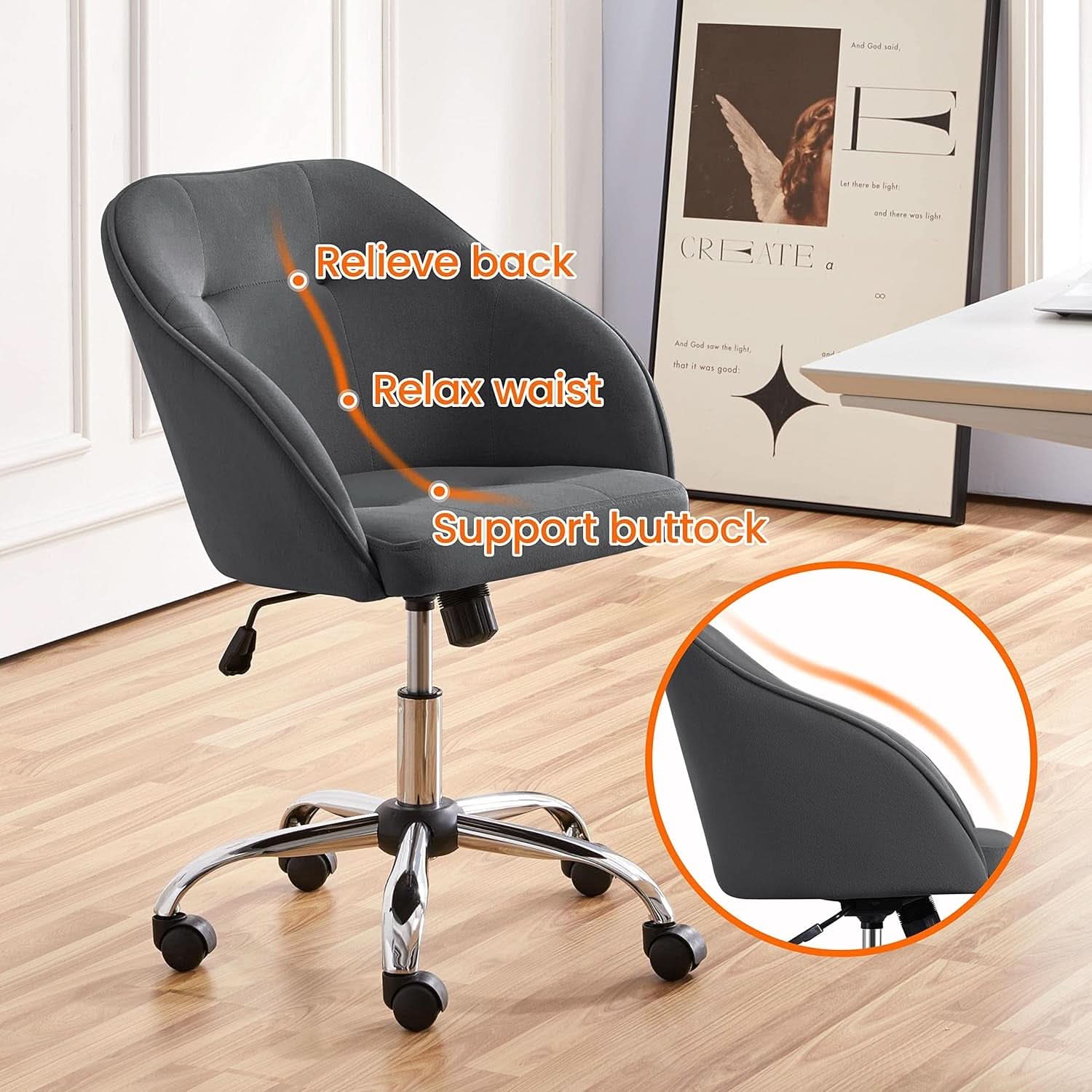 Grey Velvet Office Chair with Armrests and Large Seat - Platinum-Level Office Chairs