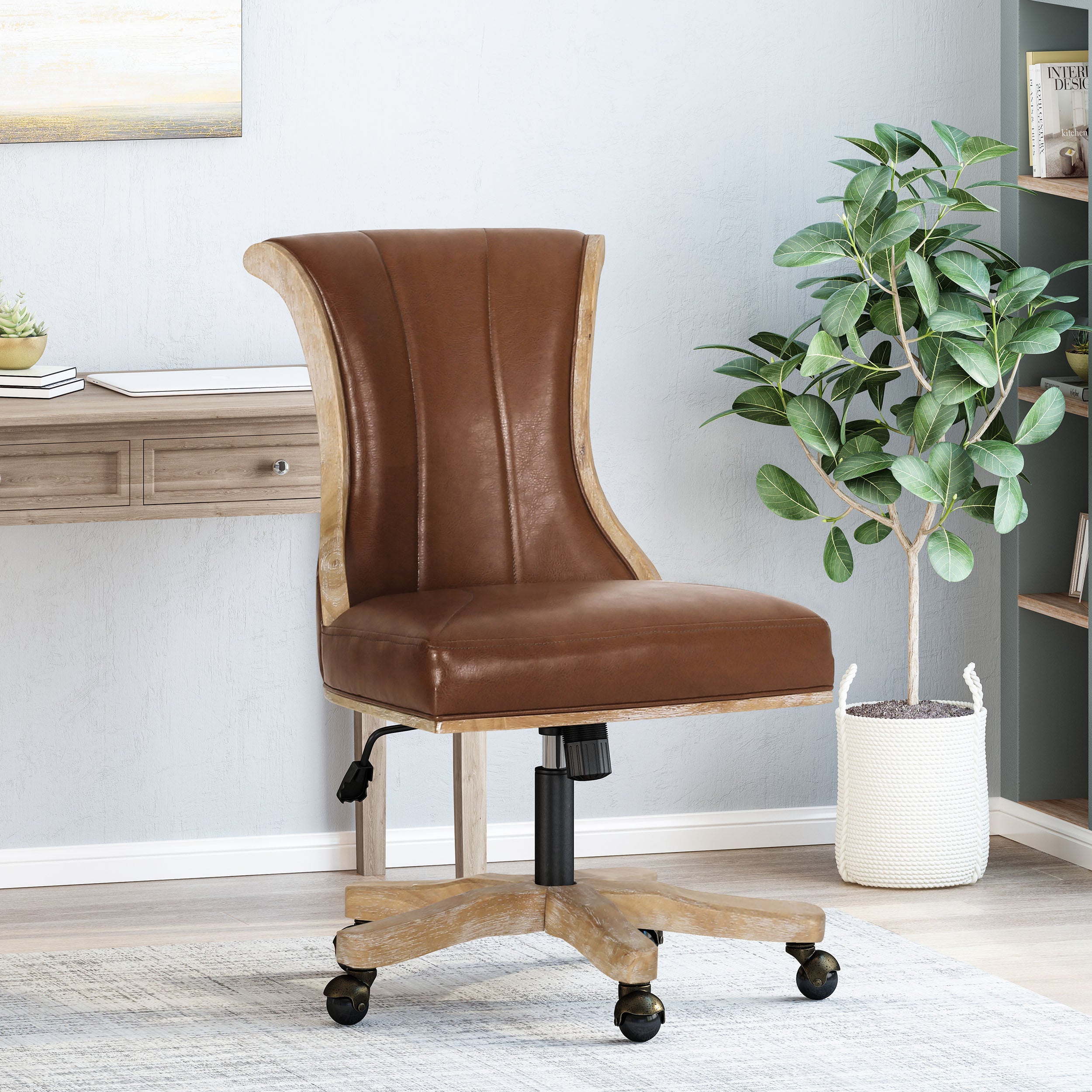 Natural PU Leather Swivel Lift Office Chair with Wood Frame