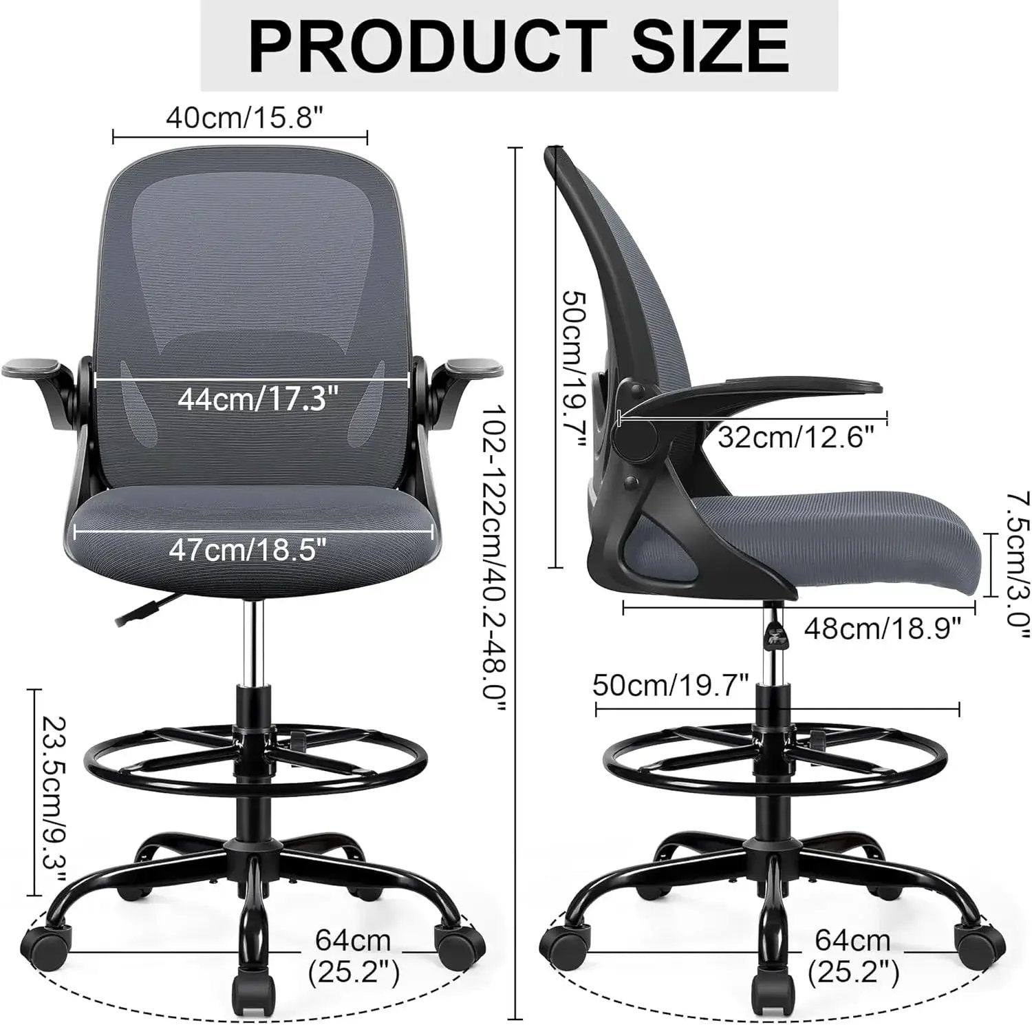 Ergonomic office chair with adjustable height, footrest, armrests, mesh back and size dimensions shown.