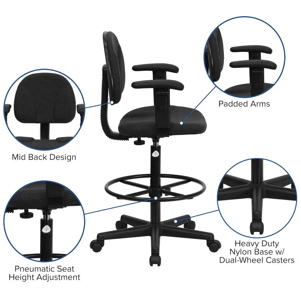 Black Fabric Adjustable Height Drafting Chair With Ergonomic Support by Platinum-Level Office Chairs