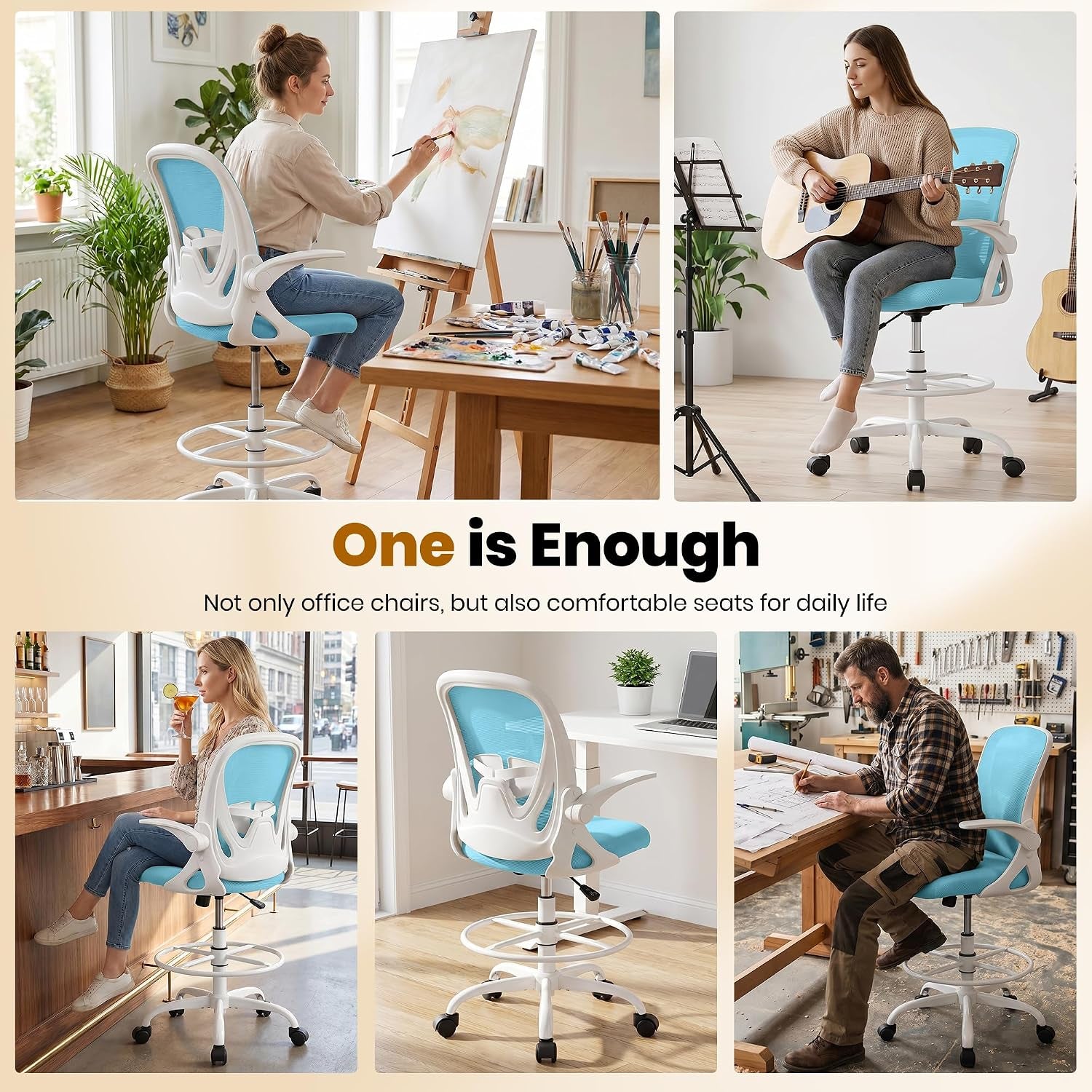 Primy Drafting Chair Tall Office Chair with Flip-Up Armrests Executive Ergonomic Computer Standing Desk Chair with Lumbar Support and Adjustable Footrest Ring（Blue）