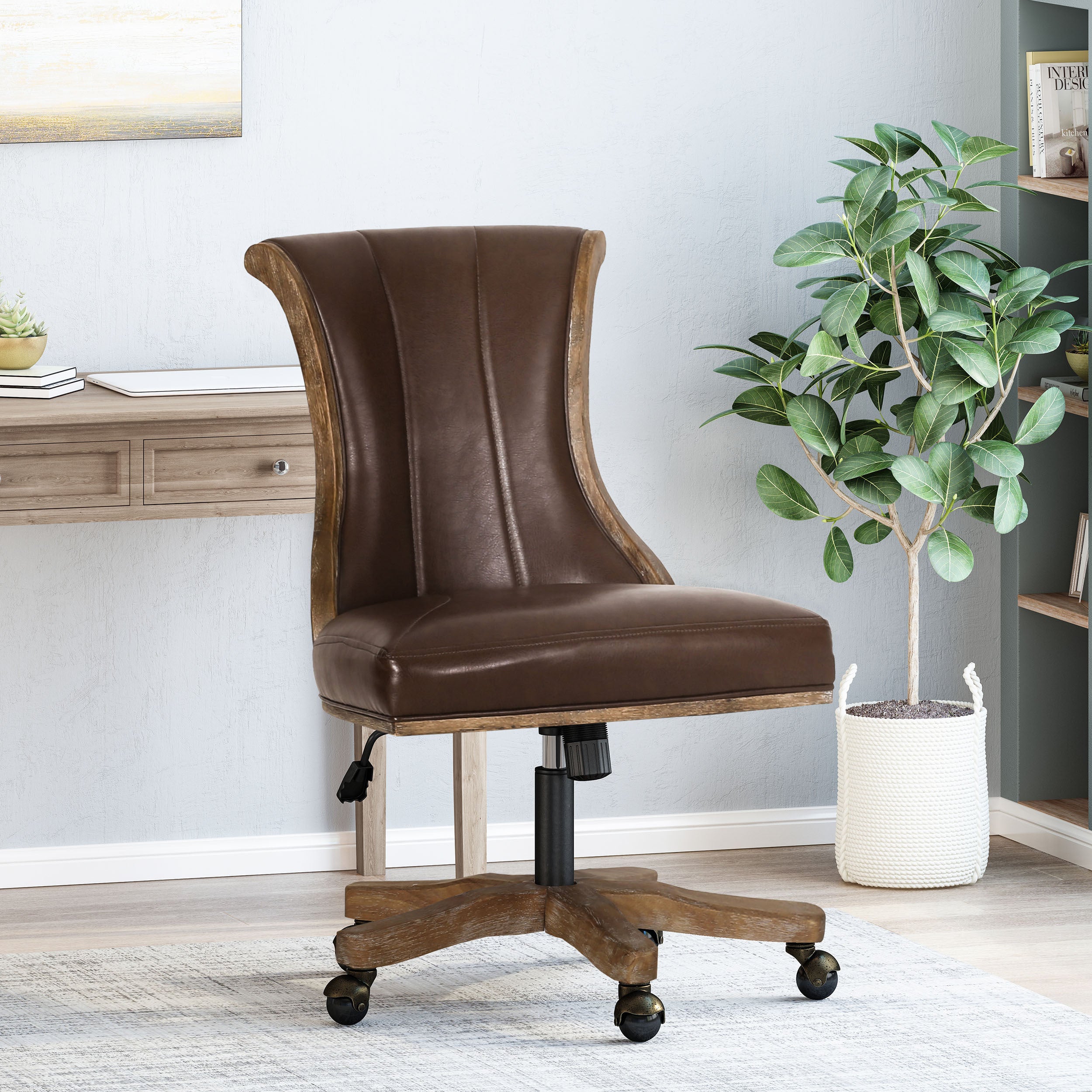 Brown Swivel Lift Office Chair with Rubberwood Frame