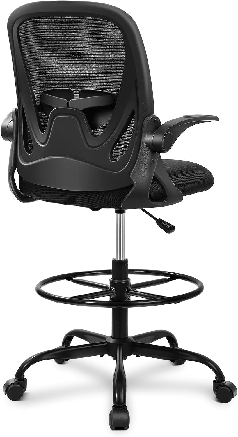 Primy Drafting Chair Tall Office Chair with Flip-Up Armrests Executive Ergonomic Computer Standing Desk Chair with Lumbar Support and Adjustable Footrest Ring（Blue）