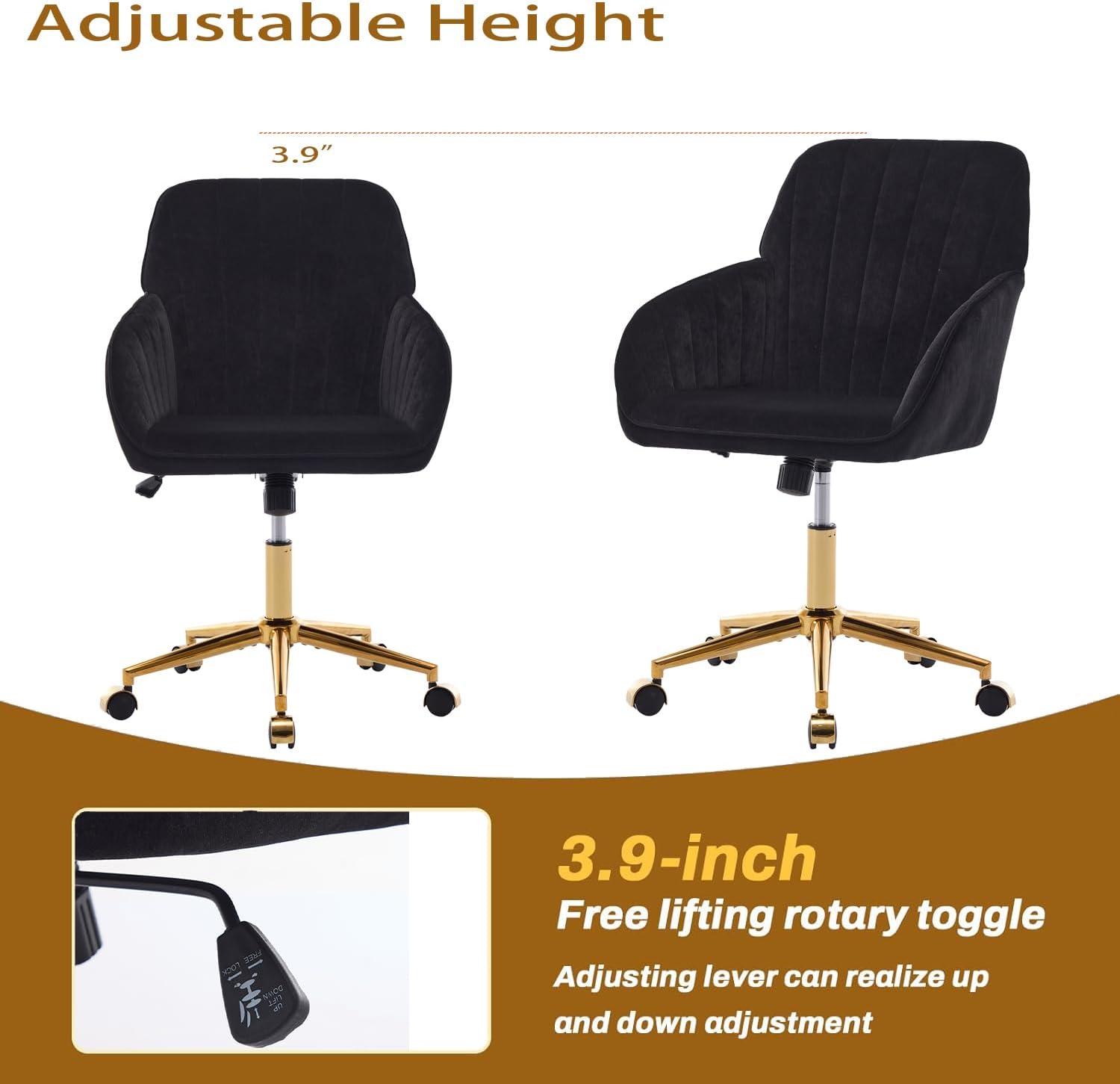TY Adjustable Ergonomic Chair, Black Velvet, Gold Base