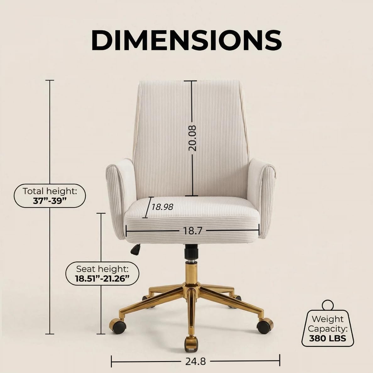 White Corduroy Office Chair With Gold Base Luxury Ergonomic Comfort For Home Office Platinum Level Office Chairs - Platinum-Level Office Chairs