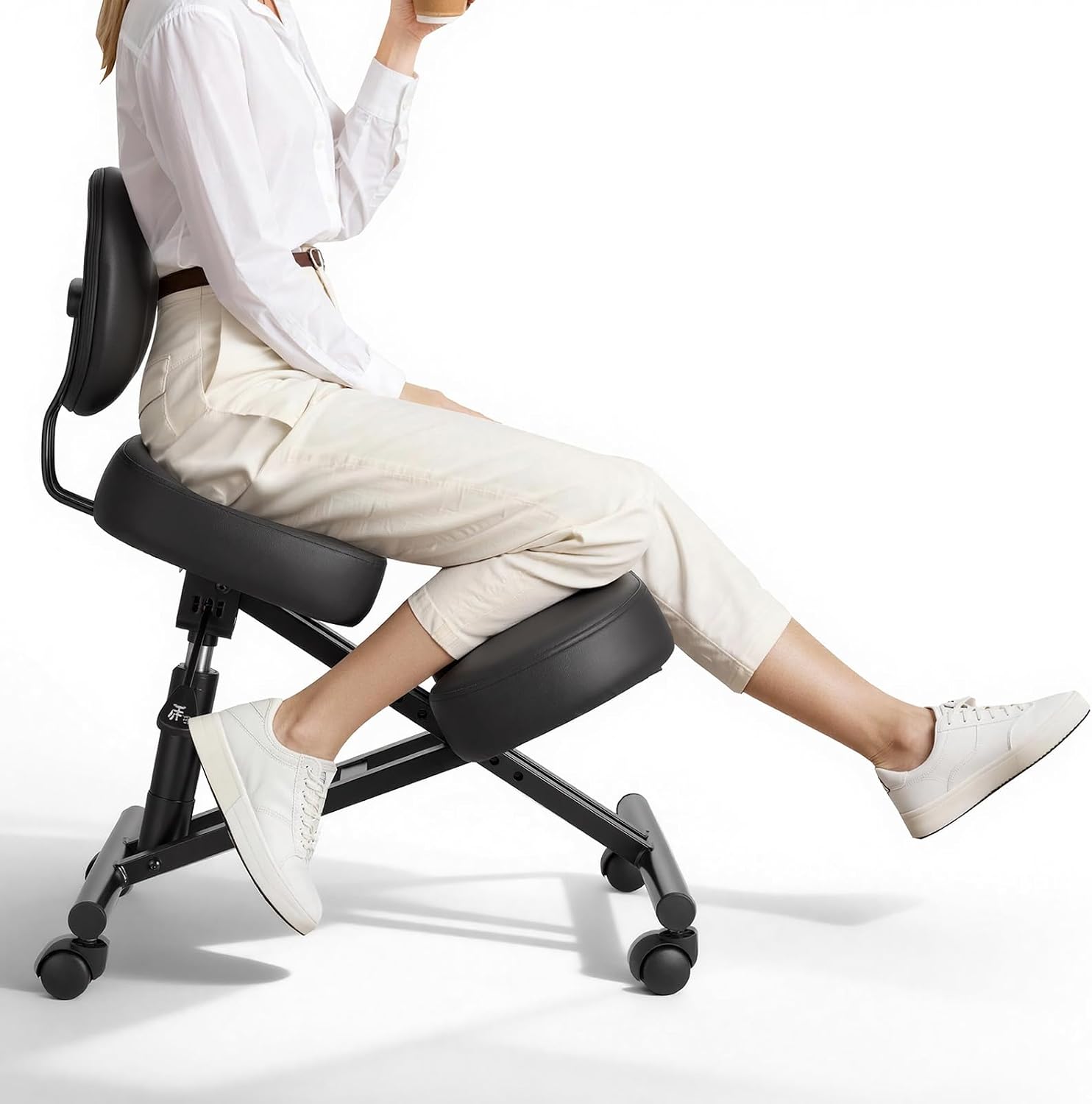 Black Kneeling Chair with Backrest and Wheels, Ergonomic Posture Seat