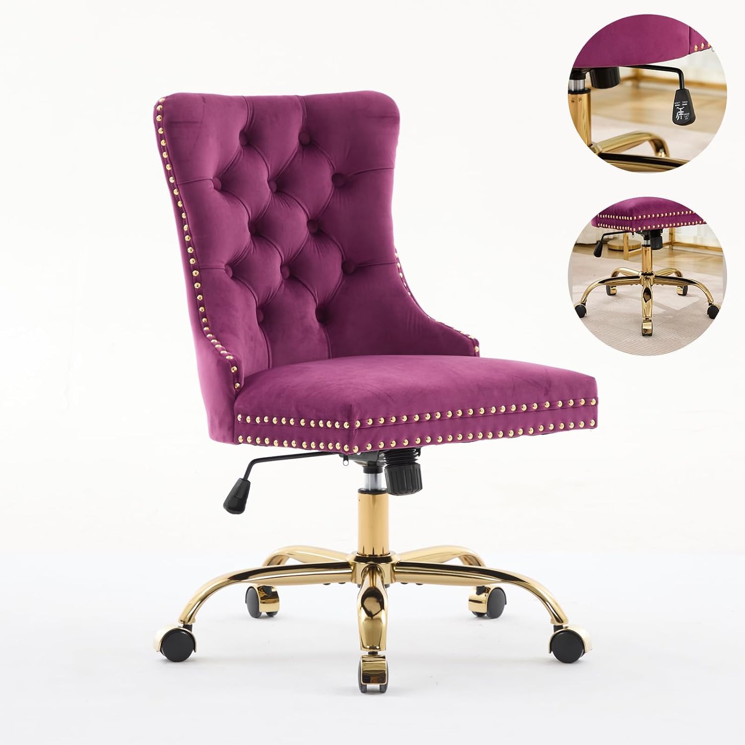 Black Armless Home Office Desk Chair with Wheels, Velvet Swivel Vanity Chair with High Back & Gold Base Adjustable Comfy Upholstered Rolling Task Chairs for Living Room Makeup Room Study (Black) Platinum-Level Office Chairs