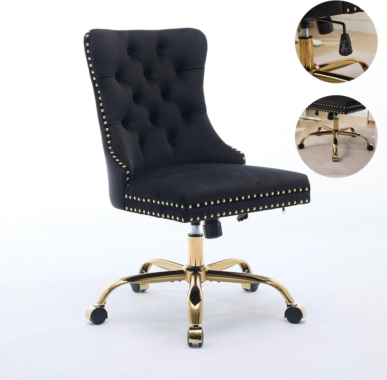 Armless Home Office Desk Chair with Wheels, Velvet Swivel Vanity Chair with High Back & Gold Base Adjustable Comfy Upholstered Rolling Task Chairs for Living Room Makeup Room Study (Black) Platinum-Level Office Chairs