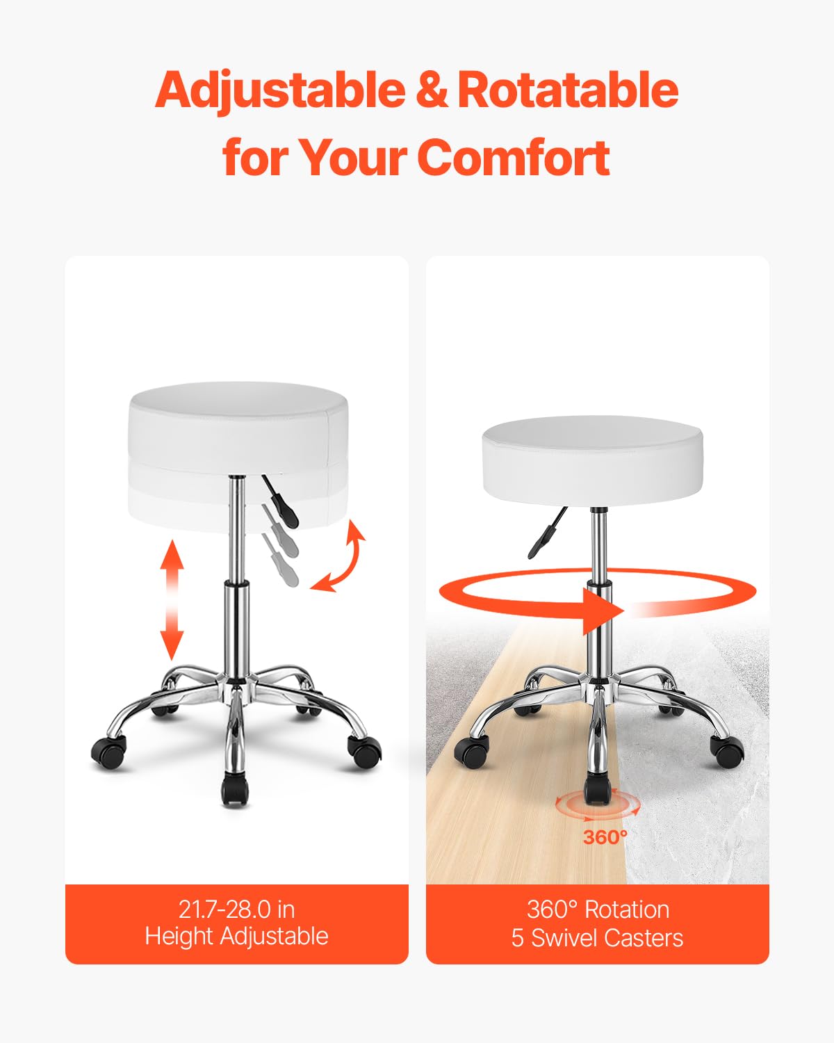 VEVOR Rolling Stool with Wheels, 450 LBS Weight Capacity Round Rolling Stool Chair, Height Adjustable Thickened PU Leather Swivel Stool for Salon, Spa, Massage, Tattoo, Clinic, White Platinum-Level Office Chairs