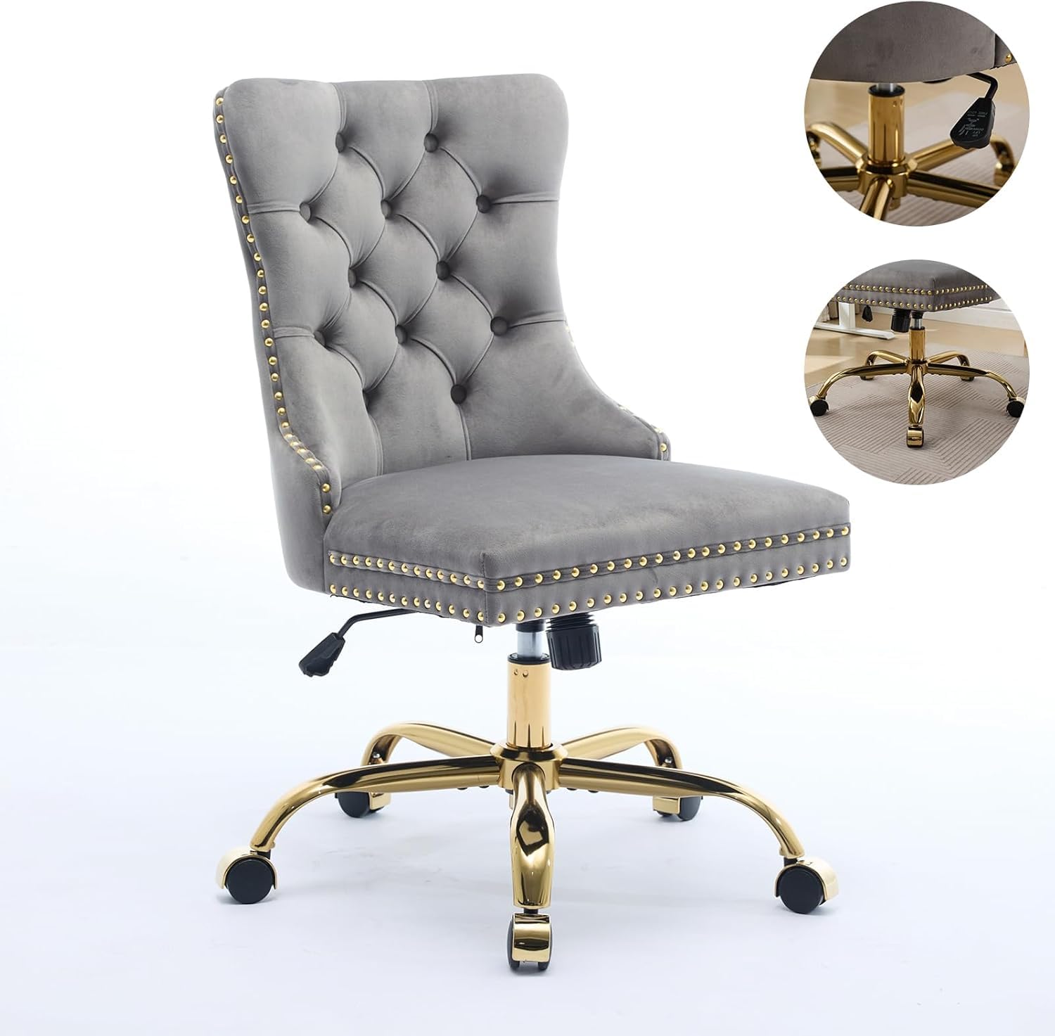 Armless Home Office Desk Chair with Wheels, Velvet Swivel Vanity Chair with High Back & Gold Base Adjustable Comfy Upholstered Rolling Task Chairs for Living Room Makeup Room Study (Black) Platinum-Level Office Chairs