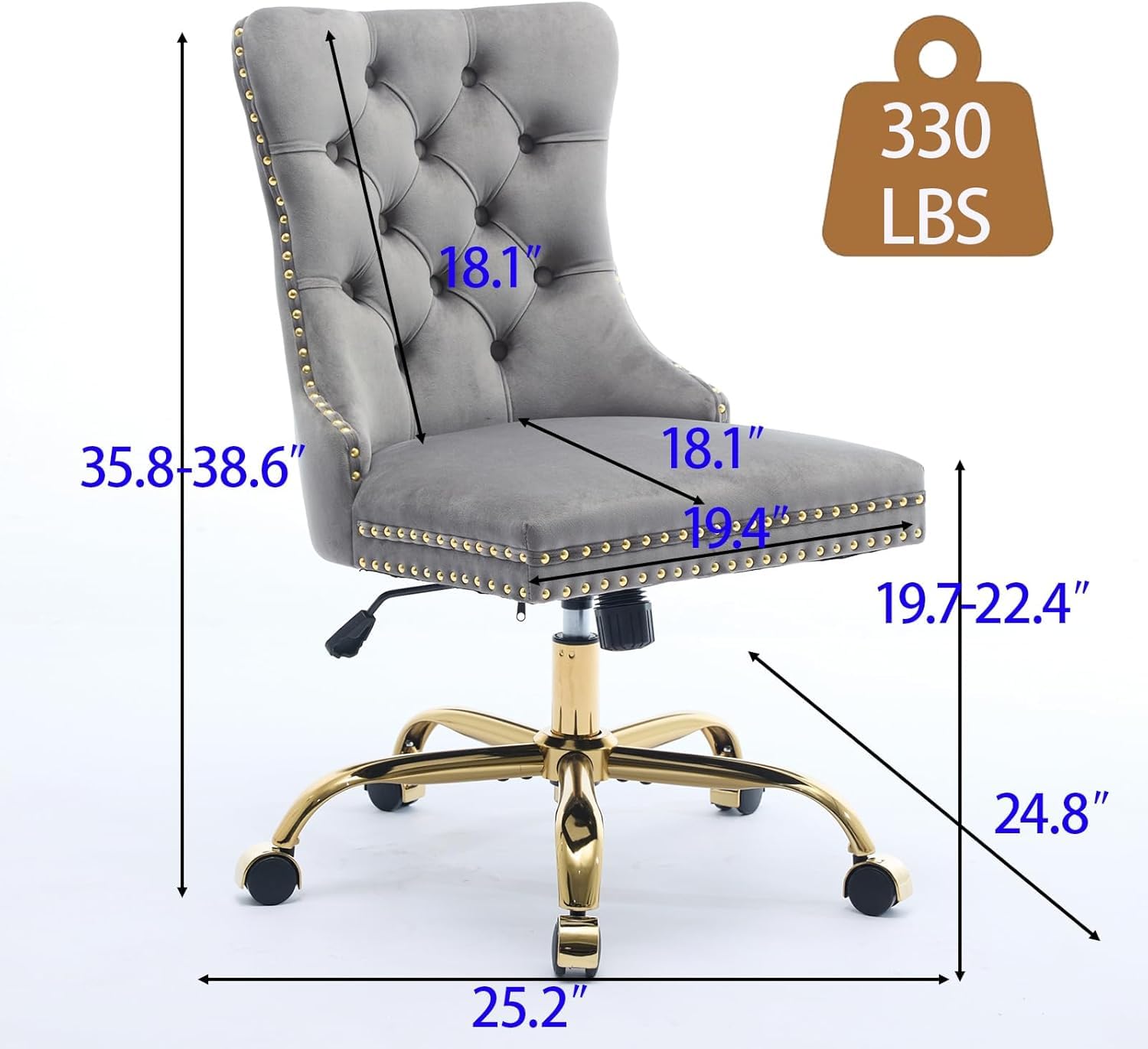 Armless Home Office Desk Chair with Wheels, Velvet Swivel Vanity Chair with High Back & Gold Base Adjustable Comfy Upholstered Rolling Task Chairs for Living Room Makeup Room Study (Black) Platinum-Level Office Chairs