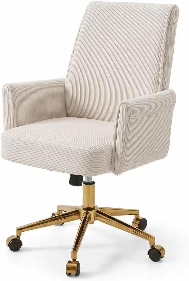 White Corduroy Office Chair With Gold Base Luxury Ergonomic Comfort For Home Office Platinum Level Office Chairs - Platinum-Level Office Chairs