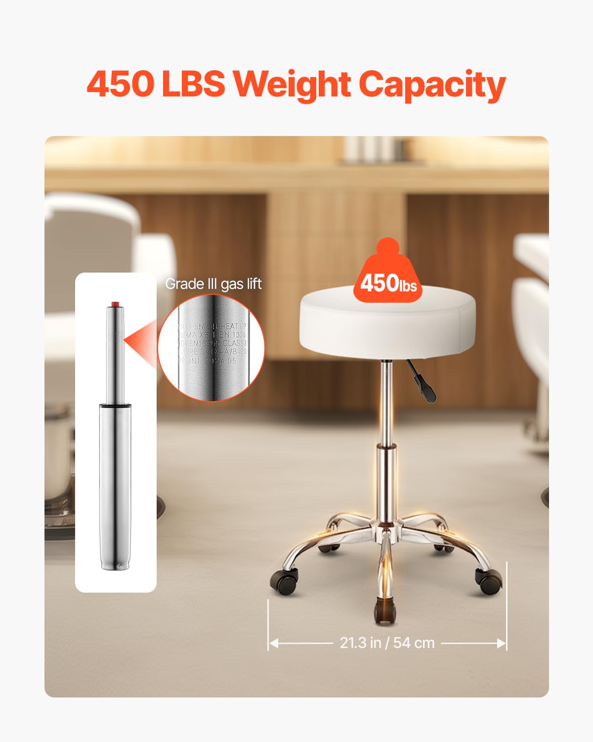 VEVOR Rolling Stool with Wheels, 450 LBS Weight Capacity Round Rolling Stool Chair, Height Adjustable Thickened PU Leather Swivel Stool for Salon, Spa, Massage, Tattoo, Clinic, White Platinum-Level Office Chairs