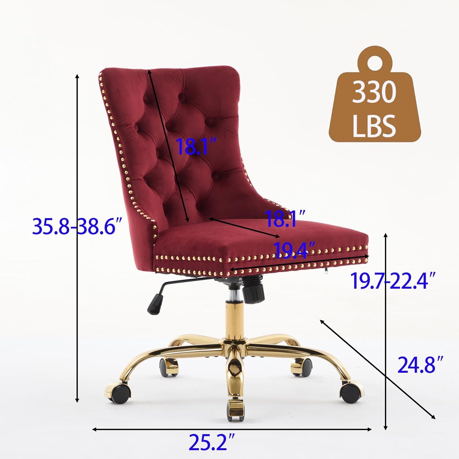 Black Armless Home Office Desk Chair with Wheels, Velvet Swivel Vanity Chair with High Back & Gold Base Adjustable Comfy Upholstered Rolling Task Chairs for Living Room Makeup Room Study (Black) Platinum-Level Office Chairs