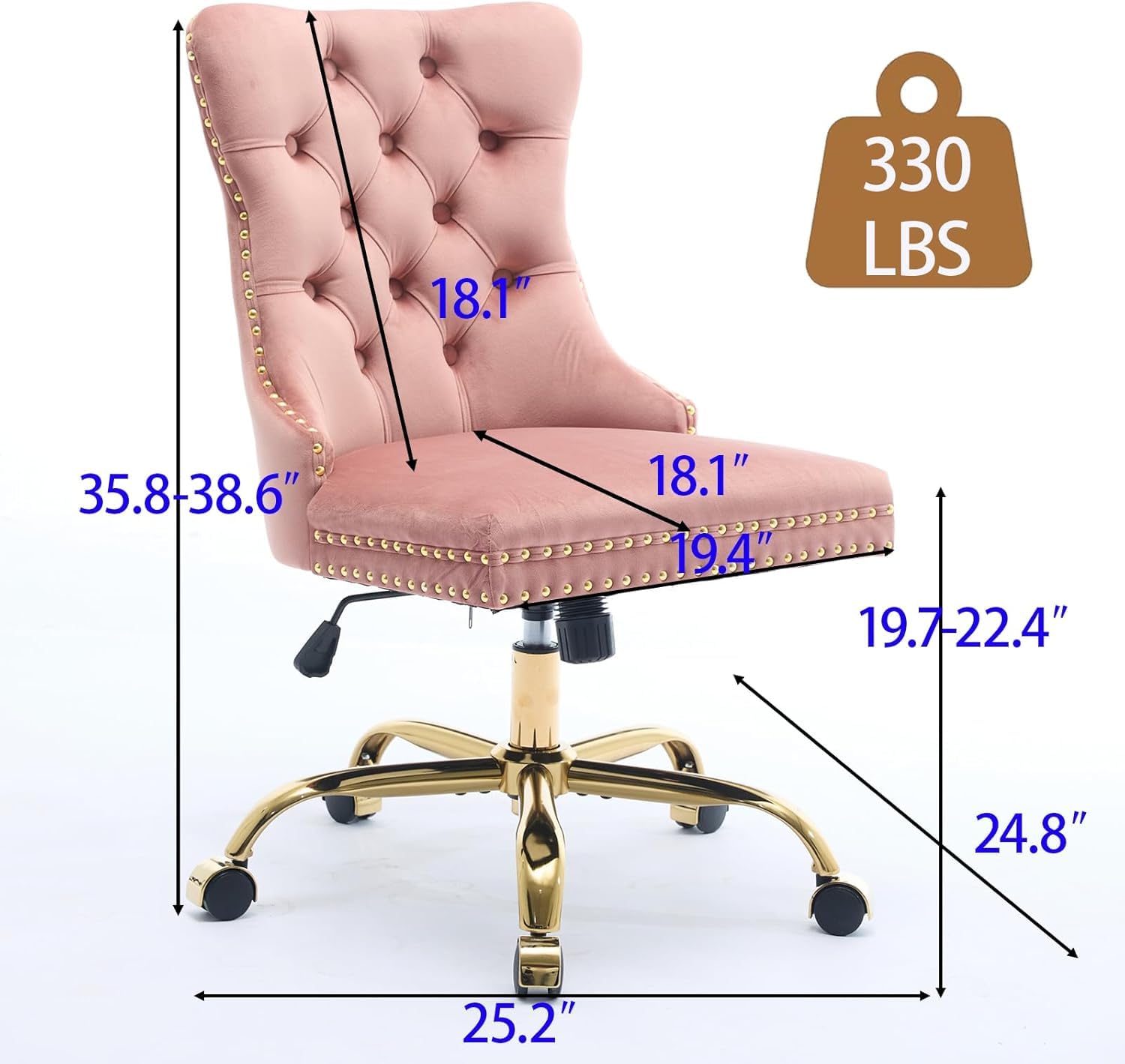 Black Armless Home Office Desk Chair with Wheels, Velvet Swivel Vanity Chair with High Back & Gold Base Adjustable Comfy Upholstered Rolling Task Chairs for Living Room Makeup Room Study (Black) Platinum-Level Office Chairs