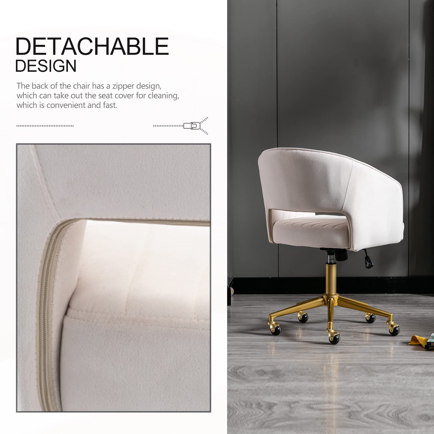 Nrizc Velvet Office Desk Chair, Upholstered Home Office Desk Chairs with Adjustable Swivel Wheels, Ergonomic Office Chair for Living Room, Bedroom, Office, Vanity Study (Beige) Platinum-Level Office Chairs