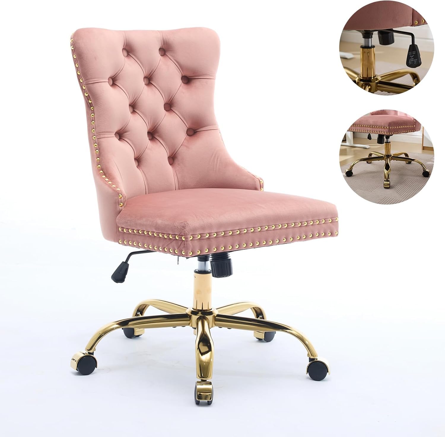 Black Armless Home Office Desk Chair with Wheels, Velvet Swivel Vanity Chair with High Back & Gold Base Adjustable Comfy Upholstered Rolling Task Chairs for Living Room Makeup Room Study (Black) Platinum-Level Office Chairs