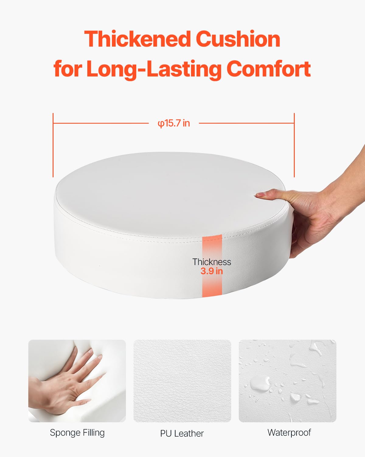 VEVOR Rolling Stool with Wheels, 450 LBS Weight Capacity Round Rolling Stool Chair, Height Adjustable Thickened PU Leather Swivel Stool for Salon, Spa, Massage, Tattoo, Clinic, White Platinum-Level Office Chairs