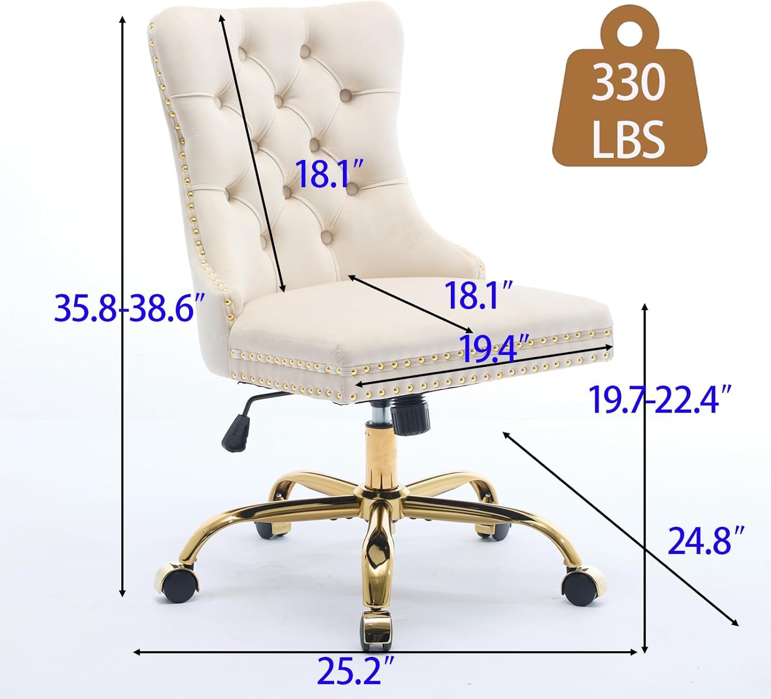 Black Armless Home Office Desk Chair with Wheels, Velvet Swivel Vanity Chair with High Back & Gold Base Adjustable Comfy Upholstered Rolling Task Chairs for Living Room Makeup Room Study (Black) Platinum-Level Office Chairs