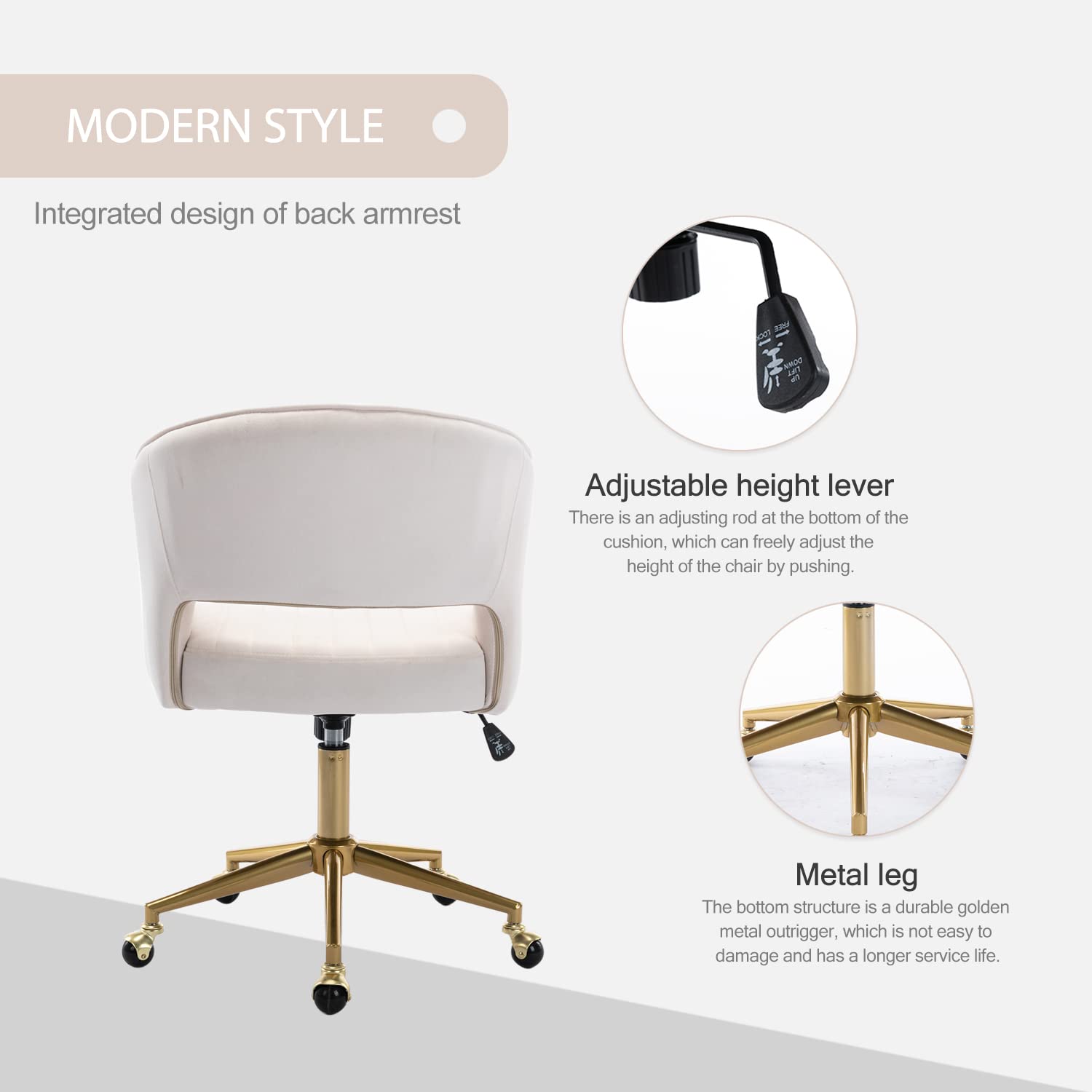 Nrizc Velvet Office Desk Chair, Upholstered Home Office Desk Chairs with Adjustable Swivel Wheels, Ergonomic Office Chair for Living Room, Bedroom, Office, Vanity Study (Beige) Platinum-Level Office Chairs