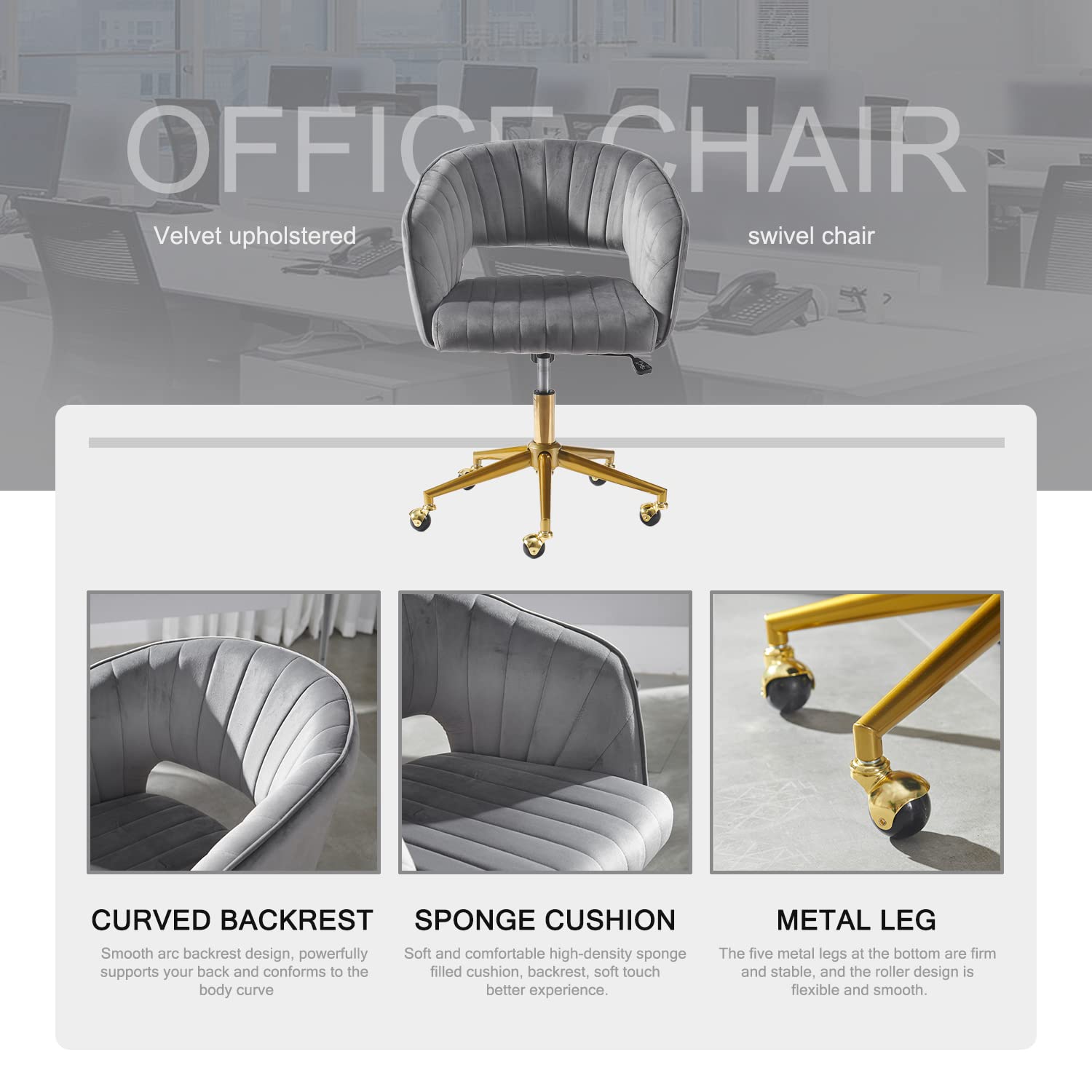 Nrizc Velvet Office Desk Chair, Upholstered Home Office Desk Chairs with Adjustable Swivel Wheels, Ergonomic Office Chair for Living Room, Bedroom, Office, Vanity Study (Beige) Platinum-Level Office Chairs