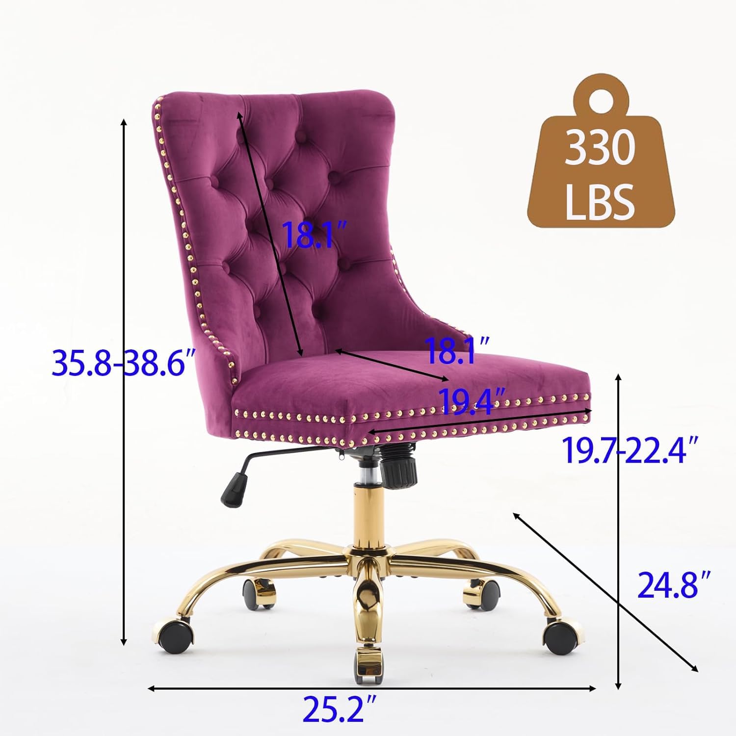 Black Armless Home Office Desk Chair with Wheels, Velvet Swivel Vanity Chair with High Back & Gold Base Adjustable Comfy Upholstered Rolling Task Chairs for Living Room Makeup Room Study (Black) Platinum-Level Office Chairs