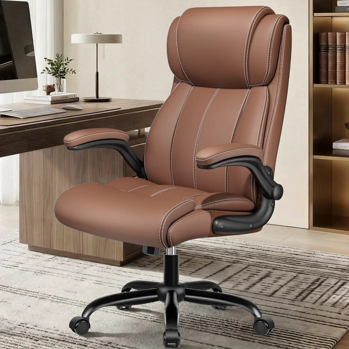 Coolhut big and tall office chair with adjustable lumbar support, padded flip-up arms, high back, and light gray upholstery.