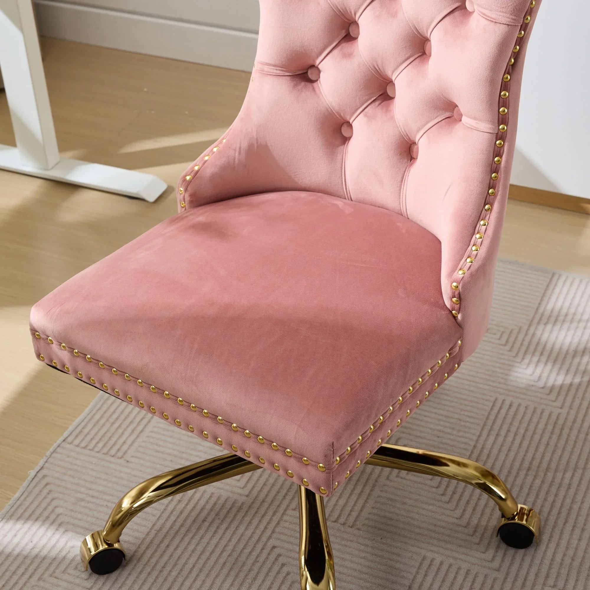 Velvet Tufted Pink Office Chair With Golden Base, Adjustable Swivel by Platinum-Level Office Chairs