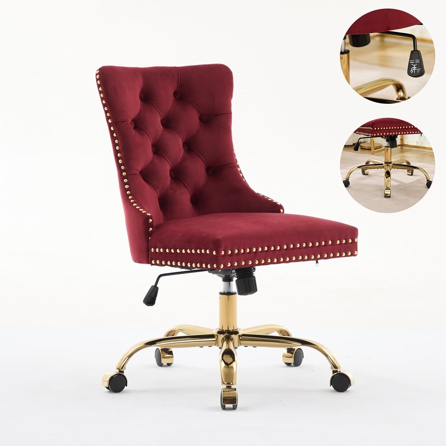 Black Armless Home Office Desk Chair with Wheels, Velvet Swivel Vanity Chair with High Back & Gold Base Adjustable Comfy Upholstered Rolling Task Chairs for Living Room Makeup Room Study (Black) Platinum-Level Office Chairs