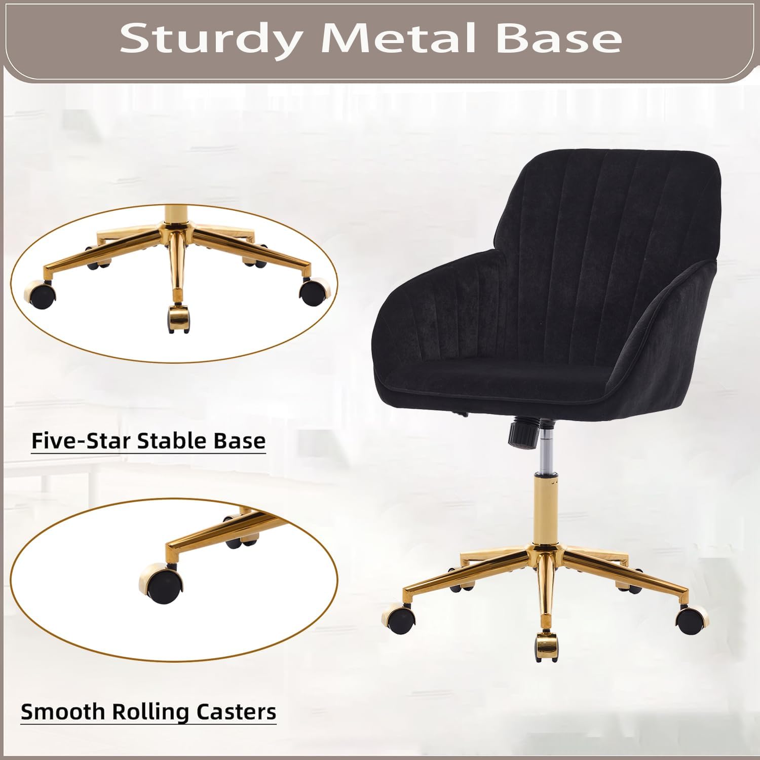 TY Adjustable Ergonomic Chair, Black Velvet, Gold Base