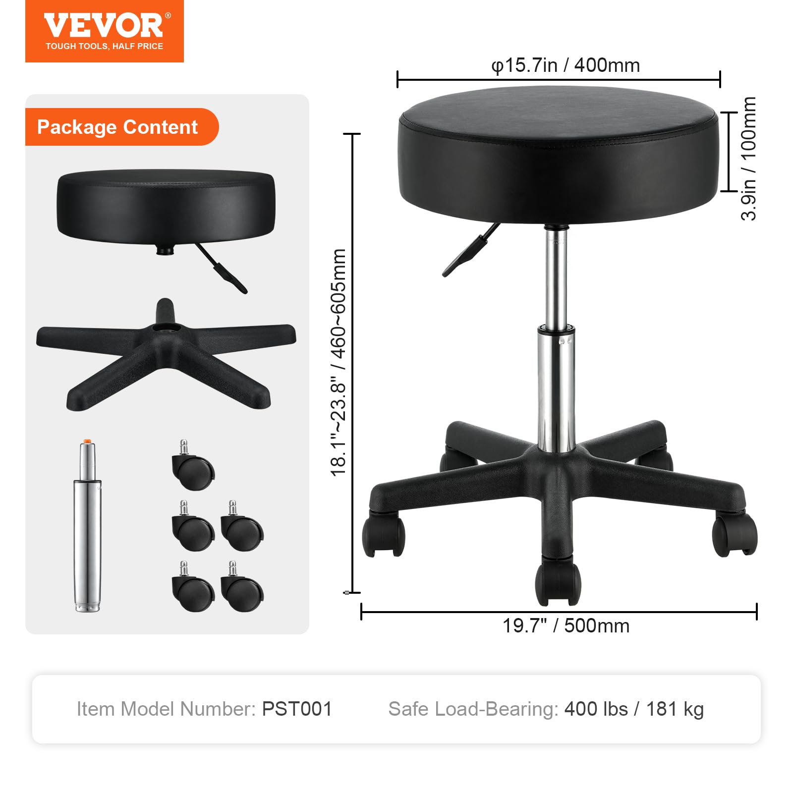 VEVOR Rolling Stool with Wheels, 450 LBS Weight Capacity Round Rolling Stool Chair, Height Adjustable Thickened PU Leather Swivel Stool for Salon, Spa, Massage, Tattoo, Clinic, White Platinum-Level Office Chairs