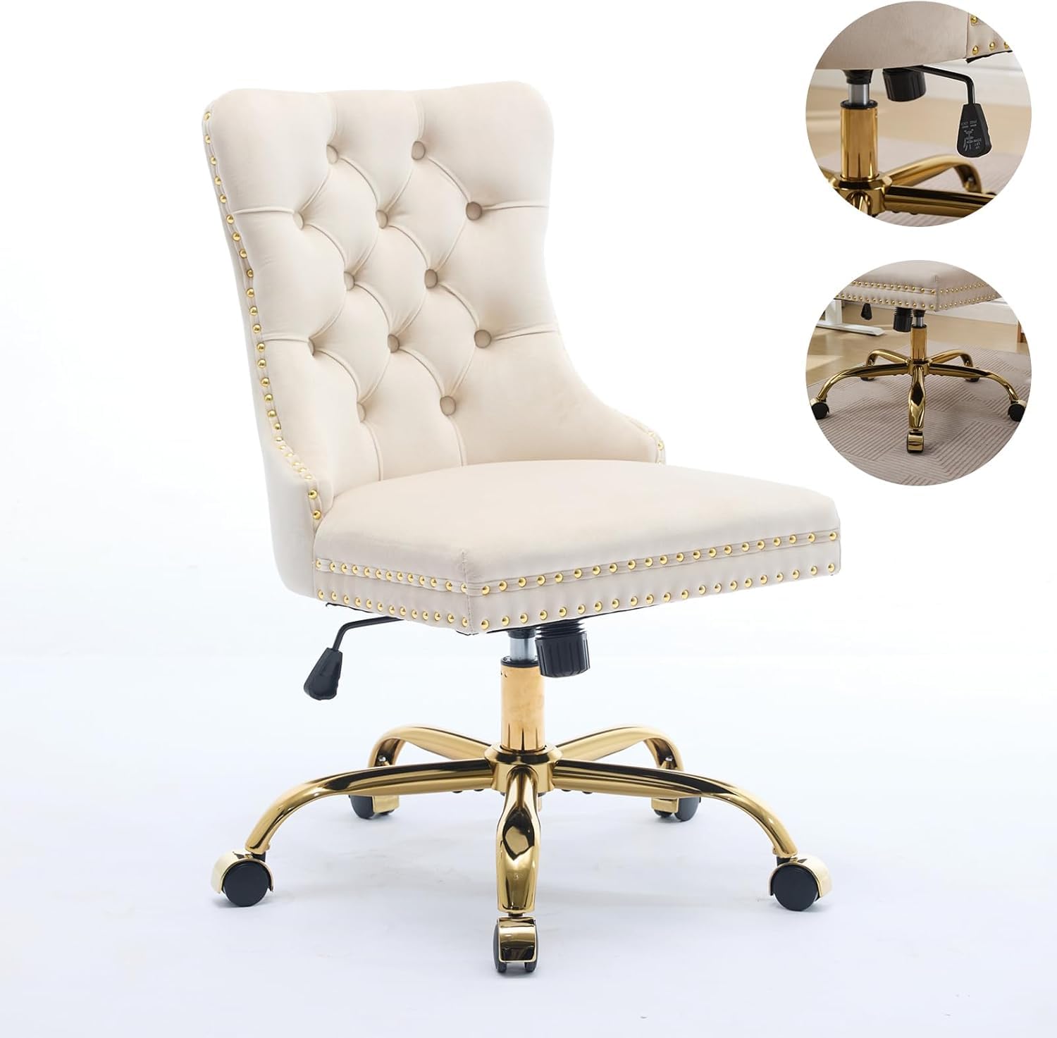 Armless Home Office Desk Chair with Wheels, Velvet Swivel Vanity Chair with High Back & Gold Base Adjustable Comfy Upholstered Rolling Task Chairs for Living Room Makeup Room Study (Black) Platinum-Level Office Chairs