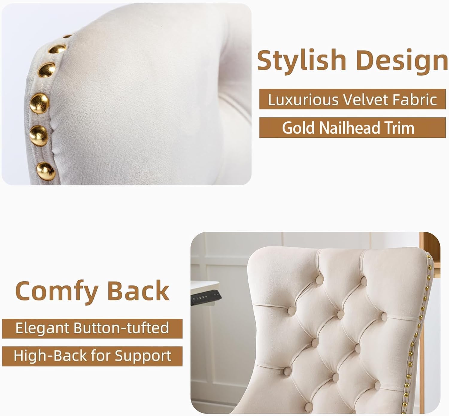 Black Armless Home Office Desk Chair with Wheels, Velvet Swivel Vanity Chair with High Back & Gold Base Adjustable Comfy Upholstered Rolling Task Chairs for Living Room Makeup Room Study (Black) Platinum-Level Office Chairs