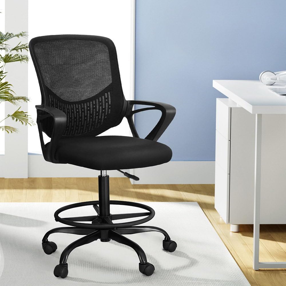 Artiss Black Mesh Drafting Chair with Footrest & Armrests - Platinum-Level Office Chairs