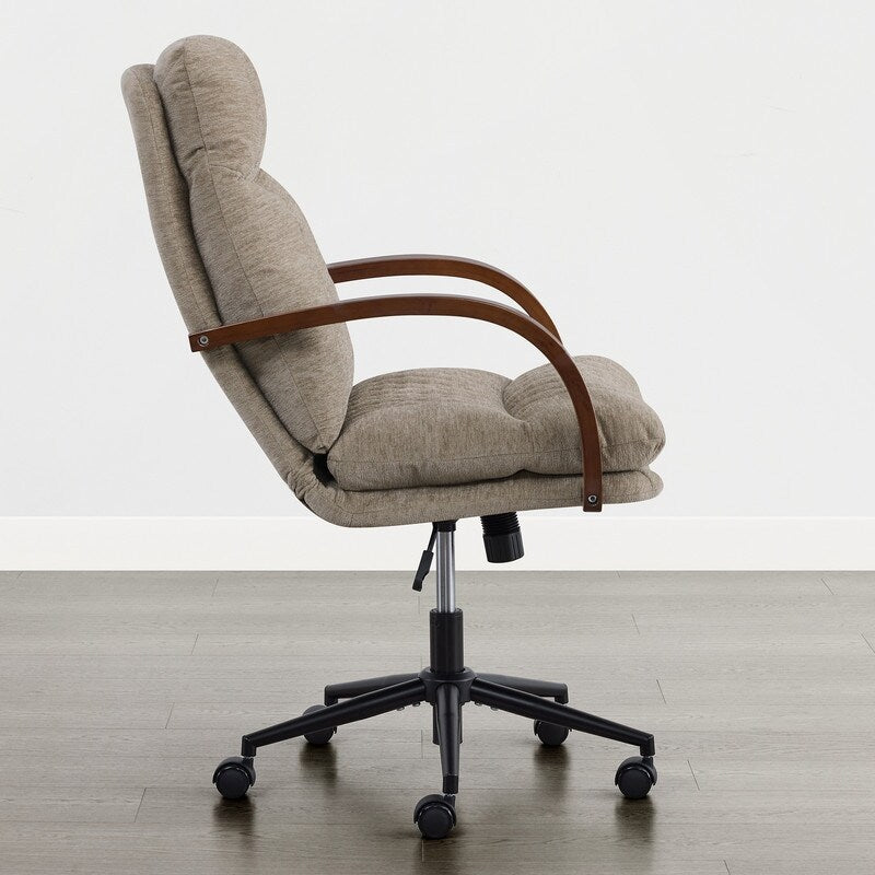 Upholstered Swivel Office Chair with Wood Arms