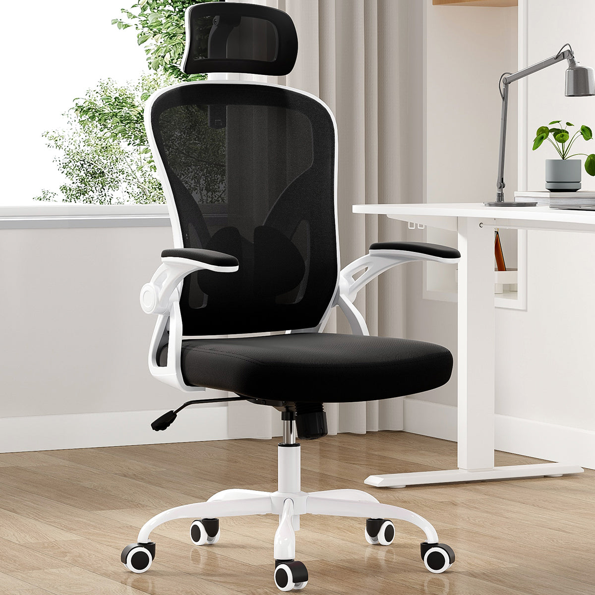 Two Tone Mesh Task Chair, Adjustable Slide Headrest, Flip Up Armrests - Platinum-Level Office Chairs
