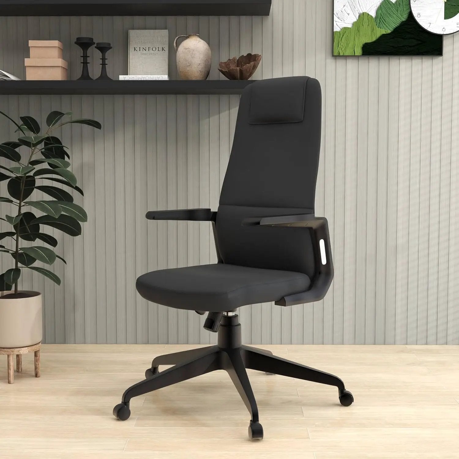 Leisuremod Ergonomic High-Back Leather Office Chair - Black Swivel Desk Chair with Adjustable Height, Tilt, Padded Headrest & Double Wheel Casters, Comfortable for Home or Office
