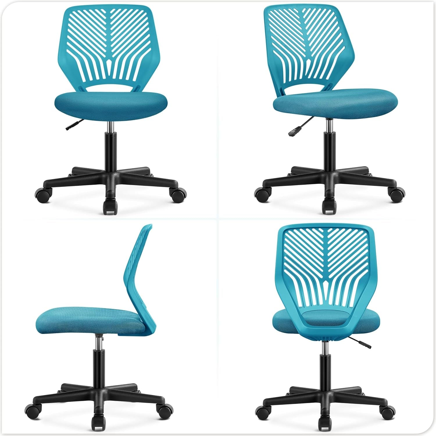 Yaheetech Small Desk Chair, Armless Adjustable Swivel Seat, Turquoise | Padded Mesh Seat and Ventilated Resin Back, Compact Armless Frame Rolls and Adjusts for Study and Small Desks, Holds 300 Lb.