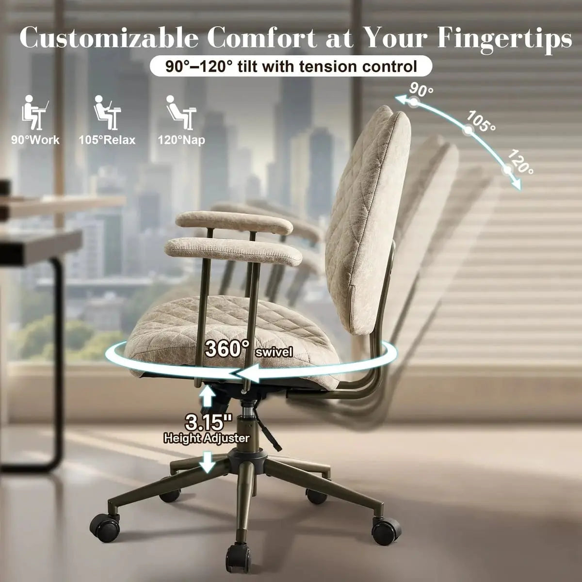HOOOWOOO Mid-Century Leather Ergonomic Adjustable Swivel Office Chair