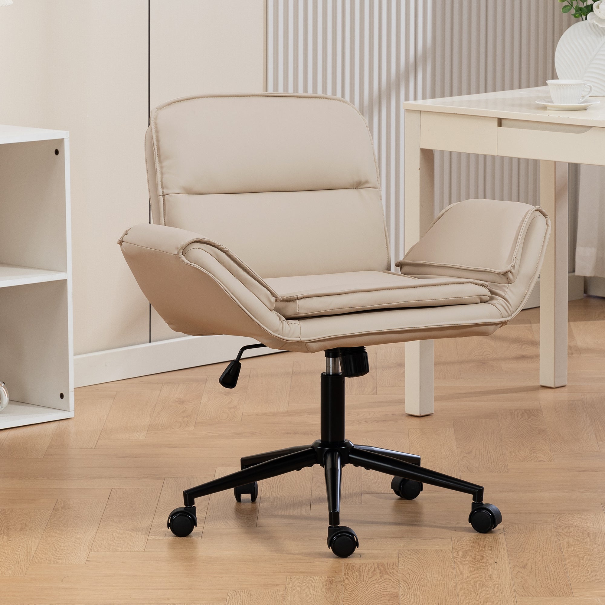 Criss Cross Ergonomic Swivel Desk Chair With 5 Gear Armrests Beige PU